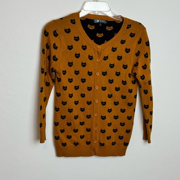 Yemak Black Cat Patterned mustard Yellow cardigan Sweater 3/4 sleeve size S - Picture 13 of 13